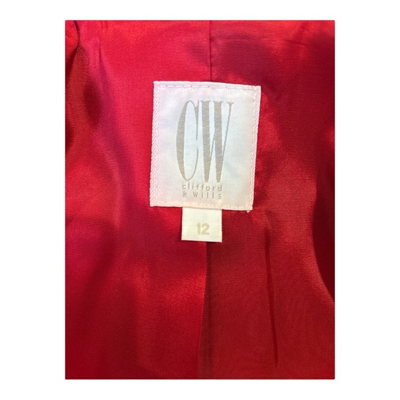 90s CLIFFORD & WILLS WOOL TWILL RED FITTED LONG BLAZER W EQUESTRIAN FLAIR SZ 12 - Picture 9 of 11